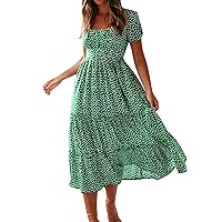 Vintage Dot Dresses Women Tiered Swing Sundresses Ruffle Hem Square Neck T Shirt Dress Flowy Tropical Beach Dress