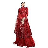 Red Sequin Embellished Net Bridal Party Heavy Long Pakistani Stitched Suit Muslim Sharara Anarkali