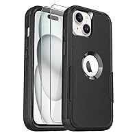 for iPhone 15 Case, [2+Tempered Glass Screen Protector] [10 FT Military Dropproof], Non-Slip Shockproof iPhone 15 Phone Case 6.1 Inch (Black)