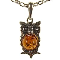 BALTIC AMBER AND STERLING SILVER 925 OWL PENDANT NECKLACE - 14 16 18 20 22 24 26 28 30 32 34