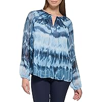 Calvin Klein Women's Plus Size Everyday Long Sleeve Printed Shirred Front Blouse