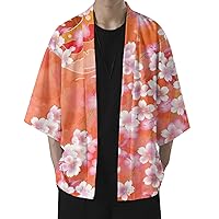 Mens Kimono Cardigan Jacket 3/4 Sleeve Open Front Japanese Style Shirts Bathrobe Lightweight Coat Loose Robe