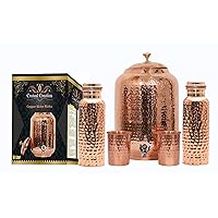 Traditional Fiber Pure Copper Matka Water Pot Container | 310 OZ / 360 Oz Capacity | Water Storage Home Hotel Restaurant | Yoga Ayurveda (8 Liter 2 Glass 2 Bottle)
