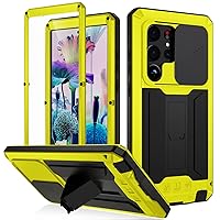 Samsung S23 Ultra Case with Screen Camera Protector Kickstand, Samsung S23 Ultra Rugged Military Metal Heavy Duty Case with Stand Screen Protector Slide Camera Cover for Man Outdoor (Yellow)