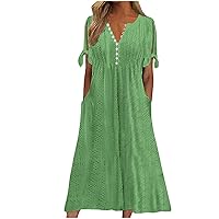Women's Summer V Neck Button Tie Short Sleeve Dress Eyelet Embroidery Pleated Plain Solid Color Beach Midi Dresses