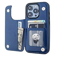 Compatible with iPhone 15 Pro Wallet Case with Card Holder, PU Leather Kickstand Card Slots Case, Double Magnetic Clasp and Durable Shockproof Cover 6.1 Inch (Blue)