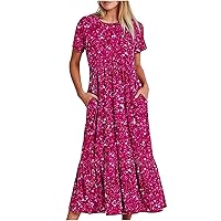 Womens Shiny Print Long Dress Ruffle Short Sleeve A-Line Beach Dresses 2024 Casual Flowy Swing Dress with Pockets