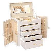 Homde Synthetic Leather Huge Jewelry Box Mirrored Watch Organizer Necklace Ring Earring Storage Lockable Gift Case (White + Gold)