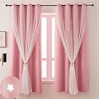 Pink Blackout Curtains for Girls Bedroom with Tulle Double Layer Kids Curtains Baby Nursery Curtains & Drapes 63 Inch Length 1 Panel Room Decor Cutout Star Curtains
