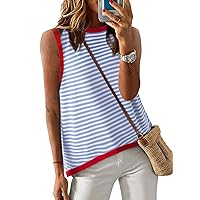 Dokotoo Womens Summer Tops 2024 Casual Striped Color Block High Neck Tank Top Loose Knit High Low Sleeveless Shirts Blouses
