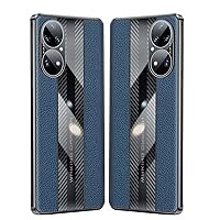 Back Cover Leather + Carbon Fiber Case Designed Compatible with Huawei Honor Magic 4 Pro with Camera Protection, Full Body Shockproof Protective Phone Case Slim Thin Lanyard Case (Color : Blue)