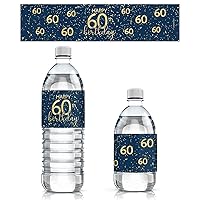 Navy Blue and Gold Happy Birthday Party Water Bottle Labels - 24 Waterproof Stickers (60th Birthday)