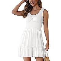 Womens Elastic Smocked Waist Scoop Neck Casual Short Dress with Pockets Spring Summer Sun Dress for Women 2024