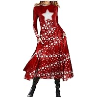 Women's Elegant Dresses Casual Christmas Printed Round Neck Pullover Slim Fitting Long Sleeve Dress Outfits, S-3XL