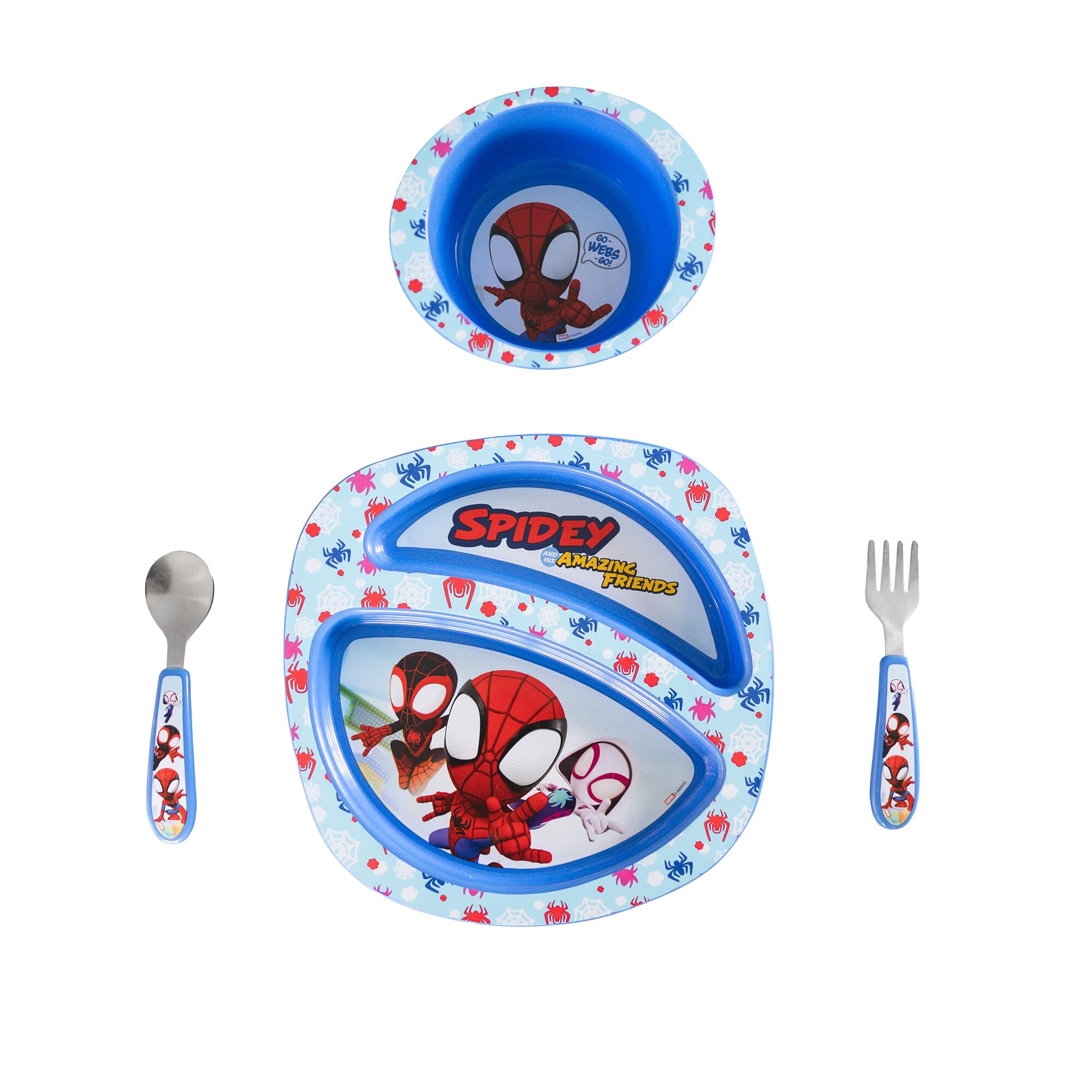 The First Years Spidey and His Amazing Friends Toddler Dinnerware Set - Toddler Plates and Toddler Utensils - Dishwasher Safe Toddler Feeding Supplies and Kids Utensils - 4 Count