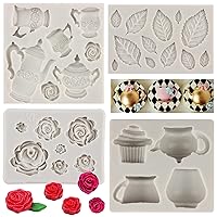 Tea Party Cake Mold Teapot Fondant Molds Tea Cup Silicone Mold Rose Flower Leaves Chocolate Molds For Cake Decorating Cupcake Topper Candy Polymer Clay Gum Paste Set of 4
