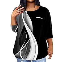 Plus Size Tshirts for Women Oversized Tshirts for Women 2024 Summer 3/4 Sleeve Print Fashion Loose Fit with Round Neck Pockets Blouses Black 4X-Large