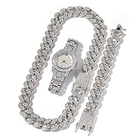 Moca Jewelry Hip Hop Jewelry Set for Men Shiny Necklace Bracelet Watch Diamond Crystal Rhinestone Paved 18K Gold Plated Cuban Link Chain 20mm Wide 3pcs Set