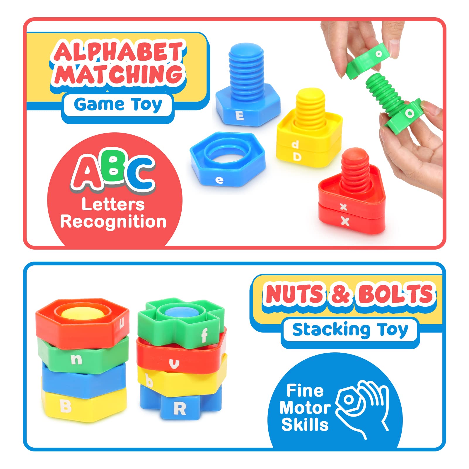 Letters Learning Matching Game Fine Motor Skills Toy for Toddlers, 26 Alphabet Learning Toys, 52 Pcs Nuts and Bolts Stacking Toys, ABC Letters Preschool Educational Montessori Toys for Kids