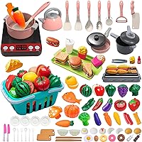 108Pcs Kids Kitchen Toy Accessories, Toddler Pretend BBQ Camping Cooking Playset, Utensils Cookware Toys, Play Food Set, Toy Vegetables, Learning Gift for Girls Boys