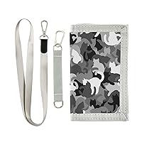 Halloween Black Cat Camouflage Kids Trifold Wallet for Girls and Boys Outdoor Sports Wallet with Lanyard Hardwearing Outdoor Novelty Wallet with Magic Sticker for Son Daughter