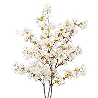 Silk Cherry Blossom Branches, 39.3in Artificial Cherry Blossom Tree Stems, Fake Plum Blossom Flowers Arrangement for Wedding Home Japanese Decor, Set of 3, White