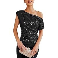 Off The Shoulder Tops for Women, Ladies Casual Sexy One Sequin Pleated Short Sleeve Top Cotton Blouses Smocked