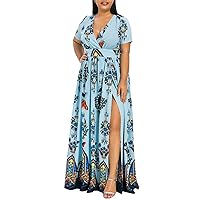 Short Sleeve Dress for Women,2024 Summer Trendy Elegant Casual Beach Boho Prom Dress,Sexy Hawaiian Maxi Sundress Resort Wear
