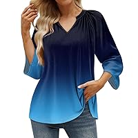 3/4 Length Sleeve Womens Tops,Woman Casual V Neck Summer Shirts Loose Fit Three Quarter Length Sleeve Tee Blouses
