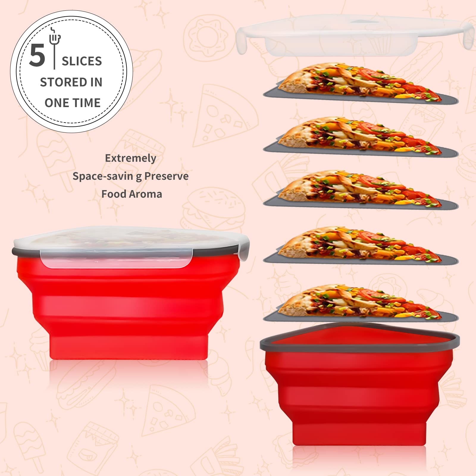 Kasalida Leftover Pizza Storage Container Pizza Container Expandable with 5 Microwavable Serving Trays Dishwasher Safe BPA Free and Microwave Friendly (Red)