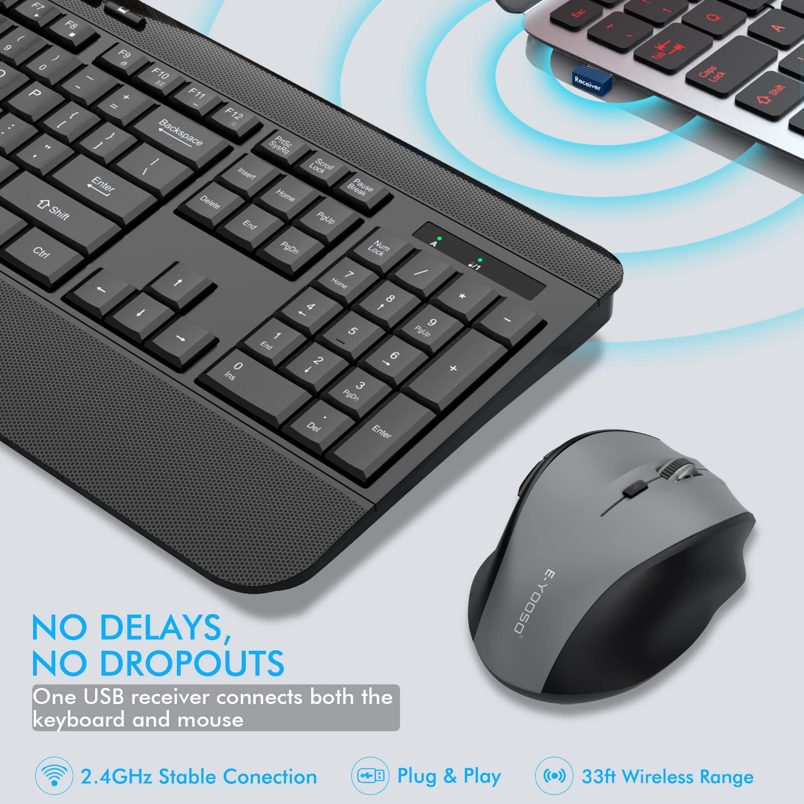Wireless Keyboard and Mouse Combo, E-YOOSO 2.4G Full-Sized Ergonomic Keyboard Mouse Combo with Wrist Rest, 3 DPI Adjustable Wireless Optical Mice with USB Nano Receiver for Laptop/Windows/Mac OS/PC