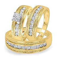 14K Yellow Gold Plated 3/8 Ct Round Cut Sim Diamond His & Her Wedding Trio Ring Set