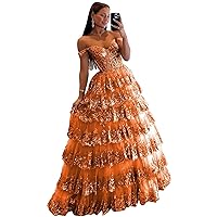 Sparkly Tulle Prom Dresses Sequin Off Shoulder Ball Gwon Tiered Lace Formal Dress