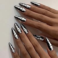 24Pcs Black Press on Nails Almond Shape Fake Nails with Finger Skeleton Design Stick on Nails White Skeleton Acrylic Nails Glue on Nails Almond Shape False Nails with Designs for Women Girls