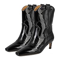 MOOMMO Women kitten Heel Western Booties Suede Square Toe Cowboy Ankle Boots 2 inch Mid Thin Heel Dress Cowgirl Booties Mid Calf Embroidered V-cut Pull On Retro Casual Party 4-11 M US