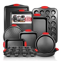 Perlli Baking Pan 10 Piece Set Nonstick Carbon Steel Oven Bakeware Kitchen Set with Silicone Handles, Cookie Sheets, Round Cake Pans, Square Pan, Loaf Pan, Roasting Pan, Pizza Crisper, Muffin Pans