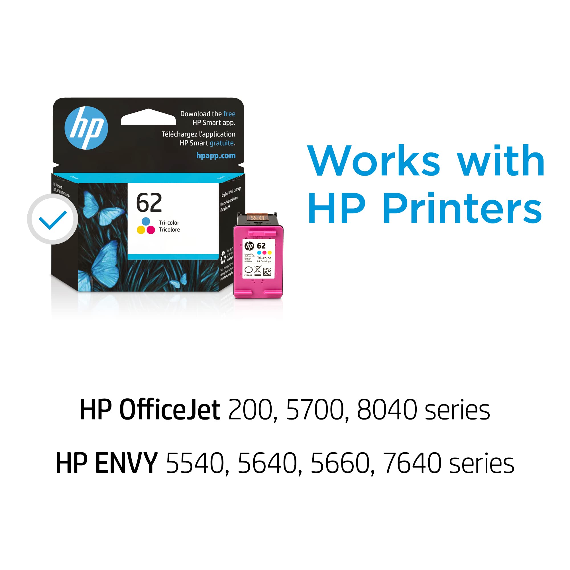 HP 62 Tri-color Ink Cartridge | Works with HP ENVY 5540, 5640, 5660, 7640 Series, HP OfficeJet 5740, 8040 Series, HP OfficeJet Mobile 200, 250 Series | Eligible for Instant Ink | C2P06AN