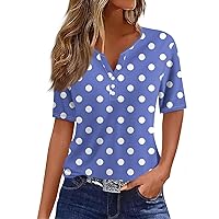 4th of July Outfits for Women American Flag Elements Print Button V-Neck Short Sleeve Fashion Tops, S-3XL