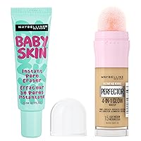 Maybelline Baby Skin Primer + Instant Age Rewind Glow Foundation Makeup Bundle, Includes 1 Primer and 1 Light/Medium Makeup Base