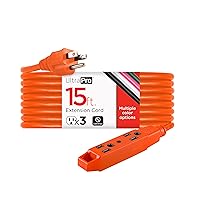 UltraPro 15 Ft Outdoor Extension Cord 3 Outlet Extension Cords Outlet Power Strip Short Extension Cord with Multiple Outlets Grounded Heavy Duty Extension Cord 16 Gauge UL Listed Orange 50787
