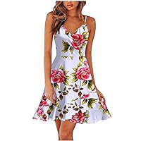 Short Dresses, Summer 2024 Spring Floral V Neck Spaghetti Casual Beach Outfits Clothes Flowy Wrap Dress Polyester for Women Party Dresses Sexy Womens Wedding Dresses Midi (XXL, White)