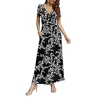 CATHY Women Short Sleeve Deep V-Neck Casual Long Dress Pleated Waist Maxi Dresses with Pockets