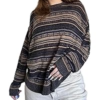 Women Vintage Striped Sweater Y2K Long Sleeve Crewneck Pullover Tops Grunge Oversized Knitwear
