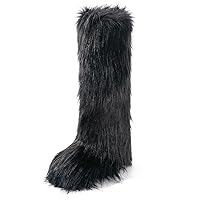 Women's Faux Fur Boot Furry Fluffy Round Toe Suede Winter Comfy Plush Warm Short Outdoor Indoor Flat Shoes Knee-High Boots
