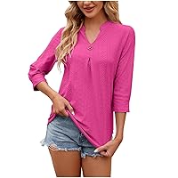 Womens 3/4 Sleeve Dressy Tops Eyelet V Neck Blouses Trendy Tunic Top Loose Fit Soft Tshirt Business Casual Work Shirts