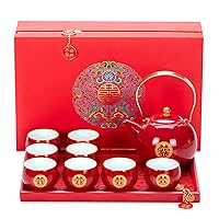Chinese Traditional Wedding Tea Set，Red Ceramic Double Happiness KungFu Tea Set 1 Teapot 8 Teacups 1 Square Tea Tray 1 Gift box For Married Couples To Toast Engagement Dowry