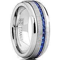 Metal Masters Co. Men's Eternity Titanium Wedding Band Engagement Ring W/Blue Simulated Sapphire Cubic Zirconia Princess CZ