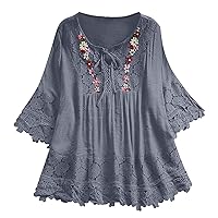 Women's Boho Embroidered Shirt Lace Long Sleeve Blouses Gauze Floral Ruffle 3/4 Sleeve Clothes Cute Tops Lace Up Club