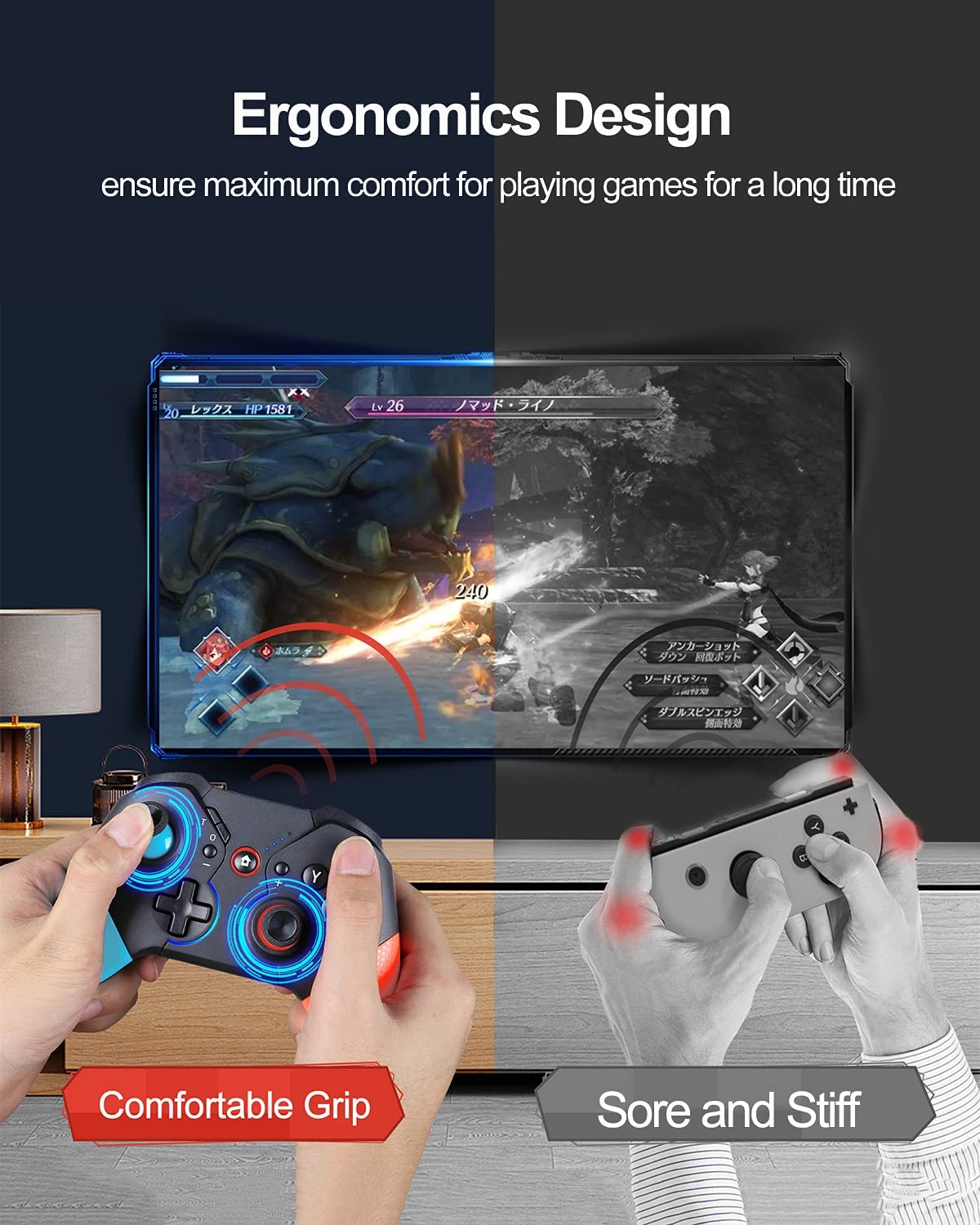 ISENPENK Switch Controller for Nintendo with Wake Up, Bluetooth Gamepad Remote Grip with Macro Motion Vibration Turbo RGB Light, Wireless Pro Controller Joy Con Switch for Kids Gifts - Blue&Red