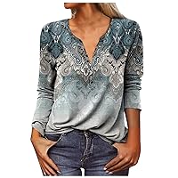 Long Sleeve Top for Women Plus Size Spring School Stylish Printed Tshirt Cotton Vneck Ruched Comfortable Comfy T Shirts Female Dark Blue